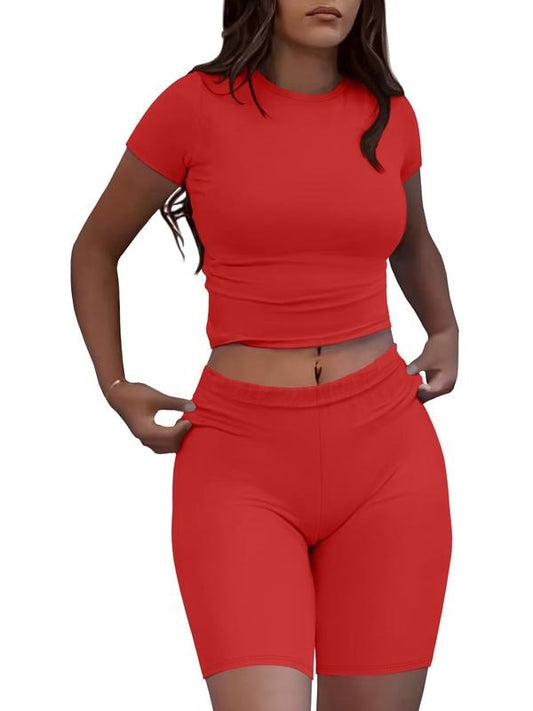 Women's Solid Crop Top & Skinny Shorts Set, Casual Fashion Cozy Breathable Two-piece Outfits for Daily Outdoor Wear, Ladies Clothes for All Seasons