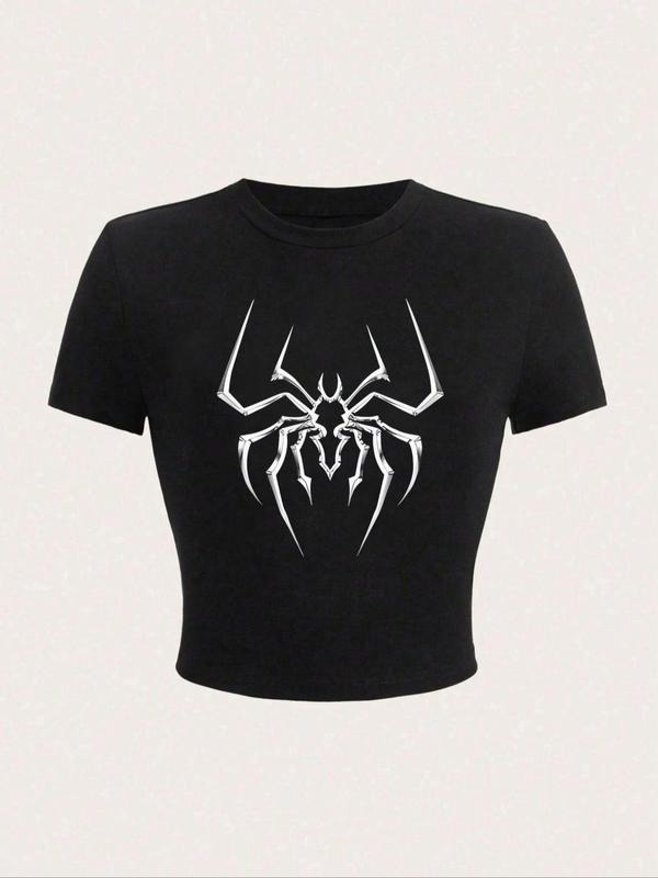 Women's Spider Print Round Neck Crop Tee,  T Shirts for Women, Summer Graphic Tees Women, Fashion Casual Short Sleeve T-shirt for Summer, Women's Top for Daily Wear