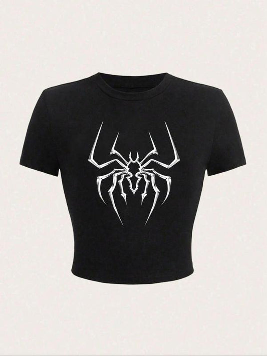Women's Spider Print Round Neck Crop Tee,  T Shirts for Women, Summer Graphic Tees Women, Fashion Casual Short Sleeve T-shirt for Summer, Women's Top for Daily Wear