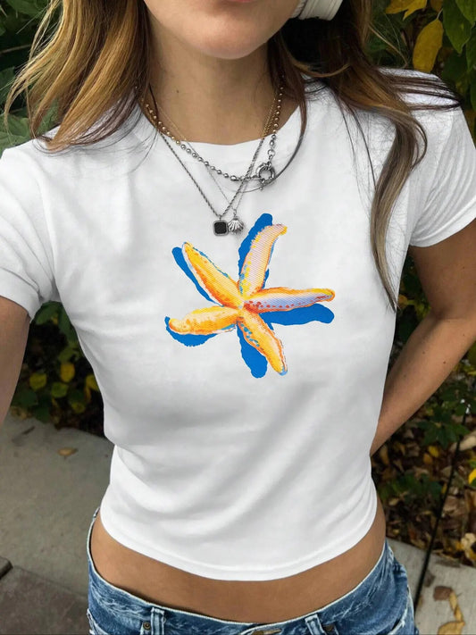 Women's Starfish Print Round Neck Tee, Casual Short Sleeve Crew Neck T-shirt for Summer, Fashion Women's Top for Daily Wear