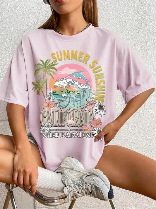 Women's Sun & Marine Life Print Round Neck Graphic Tee, Vintage Trendy Casual Drop Shoulder Short Sleeve T-shirt for Daily Wear, Ladies Summer Outfit
