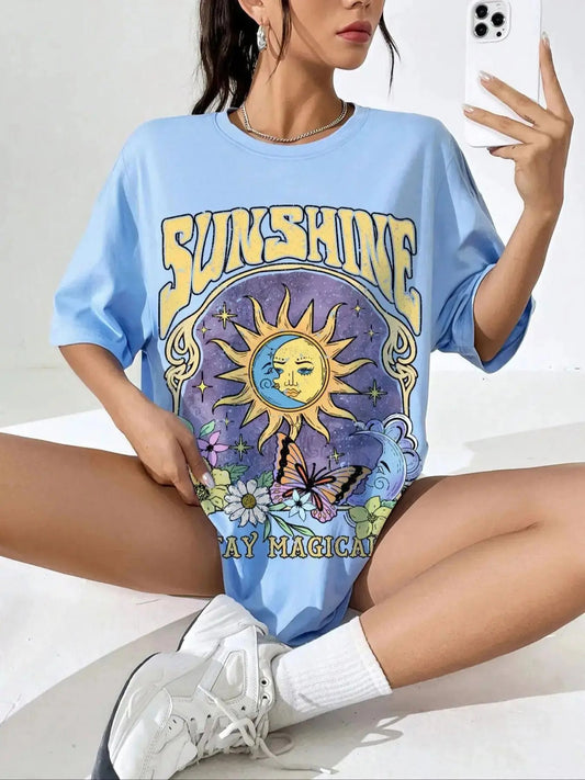 Women's Sun & Moon & Butterfly & Letter Print Round Neck Tee, Summer Clothes Women, Vintage Trendy Casual Graphic Drop Shoulder Half Sleeve T-shirt for Daily Wear, Ladies Summer Outfits 2024