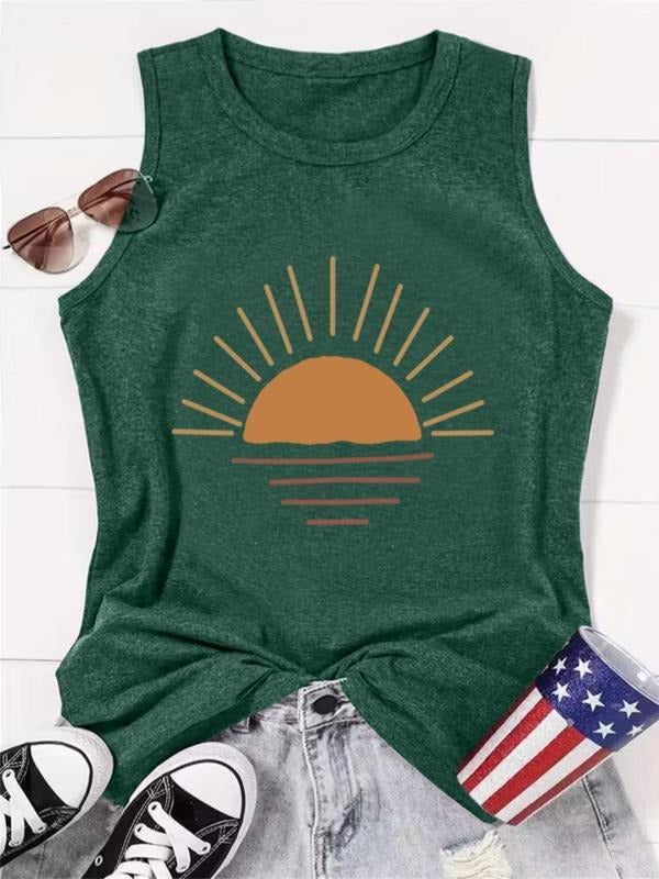 Women's Sun Print Round Neck Tank Top, Casual Graphic Sleeveless Crew Neck Top for Summer, Ladies Clothes for Daily Wear