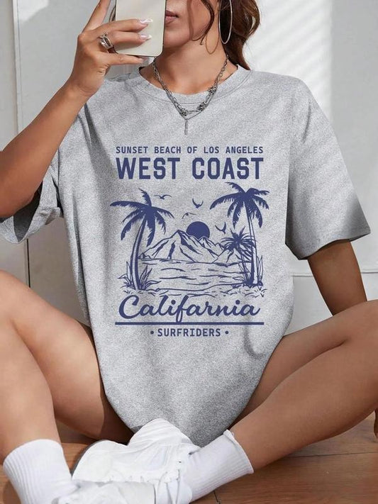 Women's Sunset Beach & Coconut Tree Print Drop Shoulder Tee, Casual Graphic Half Sleeve Round Neck T-Shirt for Summer, Fashion Women's Top for Daily Wear