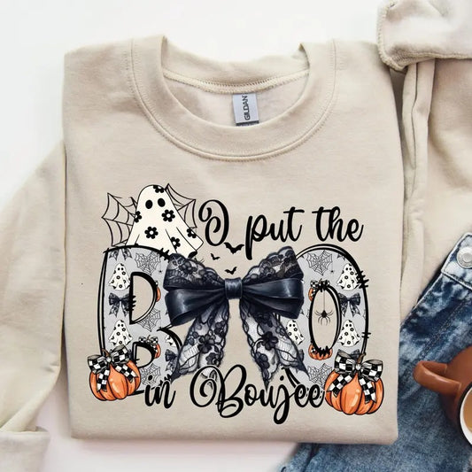 Women's Sweatshirt, I Put The Boo In Boujee Sweatshirt, Boo-Jee Ghost Sweater, Coquette Halloween Shirts Cotton Polyester