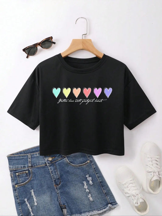 Women's Trendy Letter & Heart Print Round Neck Crop Tee, Casual Short Sleeve Graphic T-shirt For Daily Wear, Vintage Ladies Summer Outfit