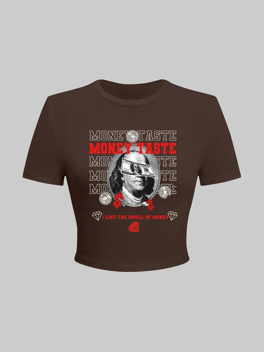 Women's Vintage Figure & Letter Print Round Neck Crop Tee, Fitted Casual Short Sleeve Crew Neck T-Shirt for Daily Wear, Ladies Clothes for All Seasons