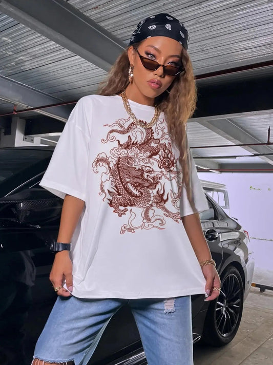 Women's Y2k Trendy Dragon Print Round Neck Drop Shoulder Tee, Summer Clothes Women, Vintage Crewneck Baggy Oversized Top, Casual Comfy Tee for Summer