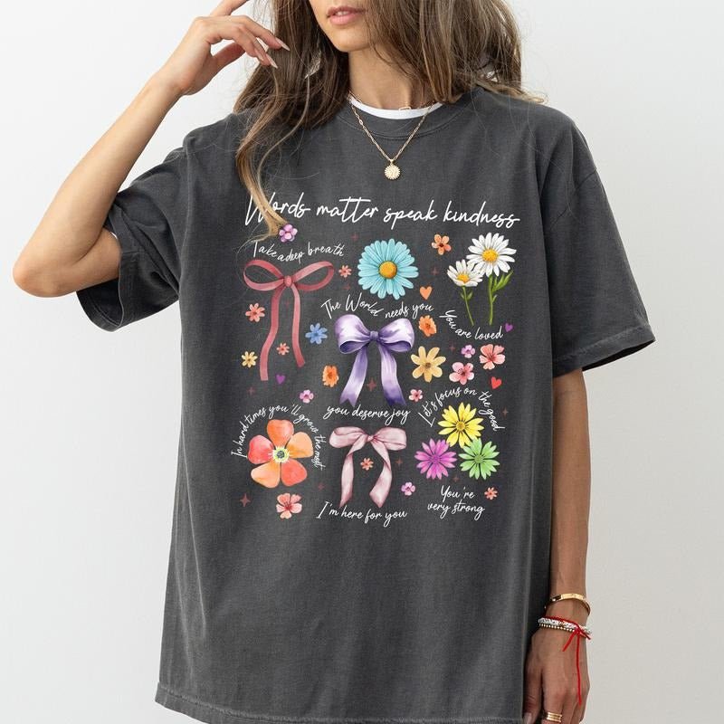 Words Matter Speak Kindness Comfort Colors Shirt, Kindness T-shirt, Coquette Graphic Tee, Boho Clothing, Wildflower Outfits, Gift For Mom, Womenswear