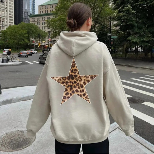Y2K Leopard Star Hoodie, Aesthetic Hoodie, Women's Streetwear, Leopard Print Tops, Unisex Long Sleeve Pullover Hoodie Shirt