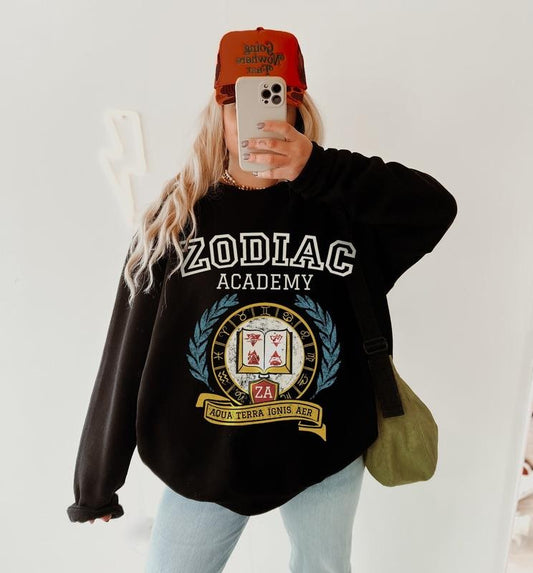 Zodiac Academy Varsity Sweatshirt, Zodiac Academy Merch Reading Hoodie, Phoenix Darius Acrux Romantasy Fae Bookish Orion Solaria Vega Graphic Fabric Crewneck Long Sleeves Womenswear Sweater