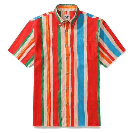 Men's Stripe Hawaiian Shirt Colorful Cotton Short Sleeve Button Down Aloha Shirt Vintage Striped Shirt