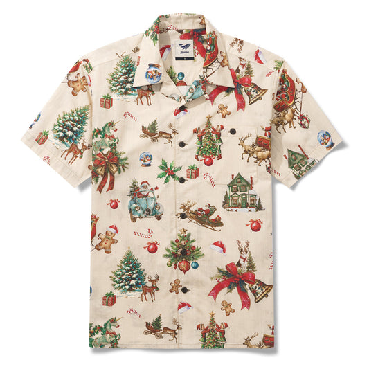 Vintage Christmas 100% Cotton Men's Aloha Hawaiian Short Sleeve Camp Collar Shirt