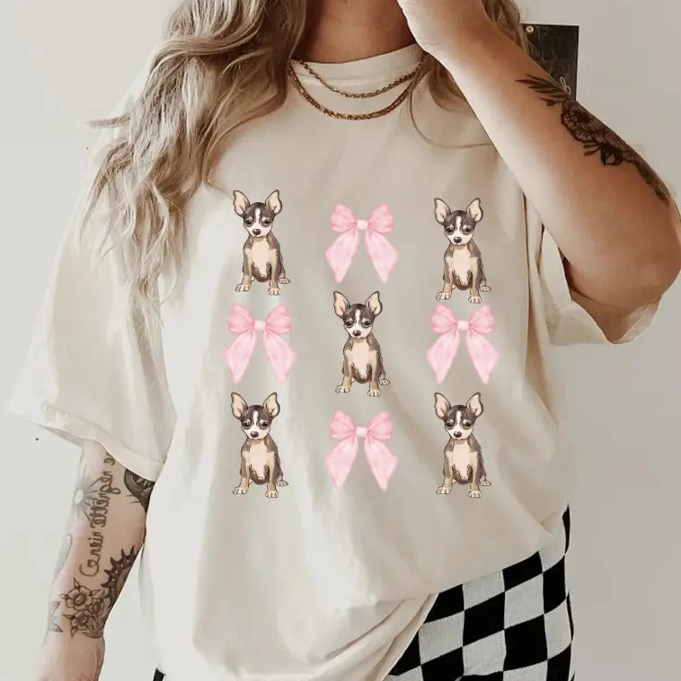 brown chihuahua with bows Shirt ~ Unisex Apparel Relaxed Fit Printed In The USA Clothing Womenswear Casual Comfort Cotton Top Athletic Boho Chicbrown chihuahua