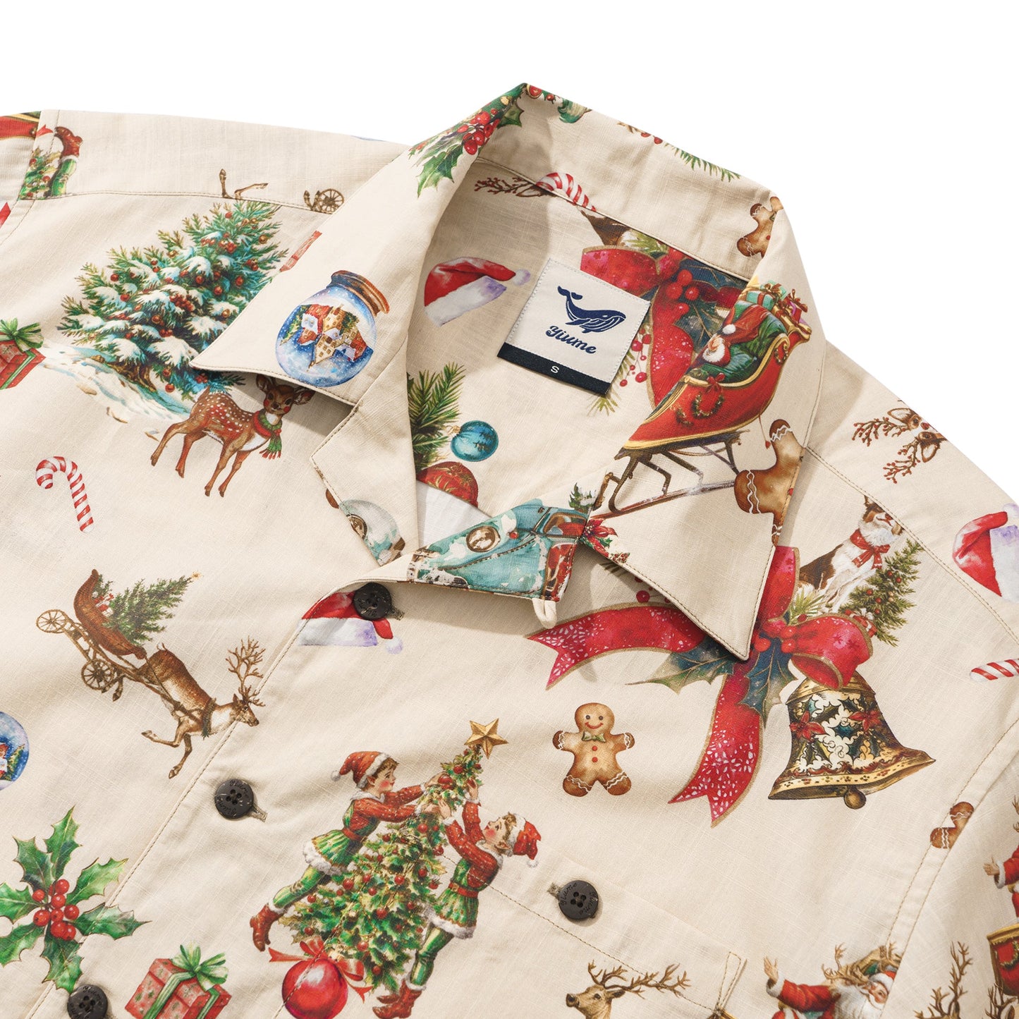 Vintage Christmas 100% Cotton Men's Aloha Hawaiian Short Sleeve Camp Collar Shirt