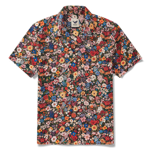 100% Silk Men's Hawaiian Shirt Short Sleeve Camp Collar 100% Silk Blue Aloha Among The Flowers