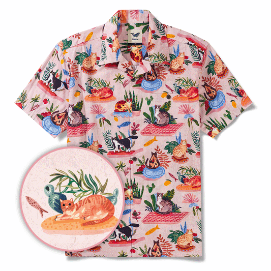 Colorful Hawaiian Shirt For Men Short Sleeve Camp Collar Shirt 100% Cotton Cats on Mats Aloha Shirt Cats On Mats By Sumit Gill