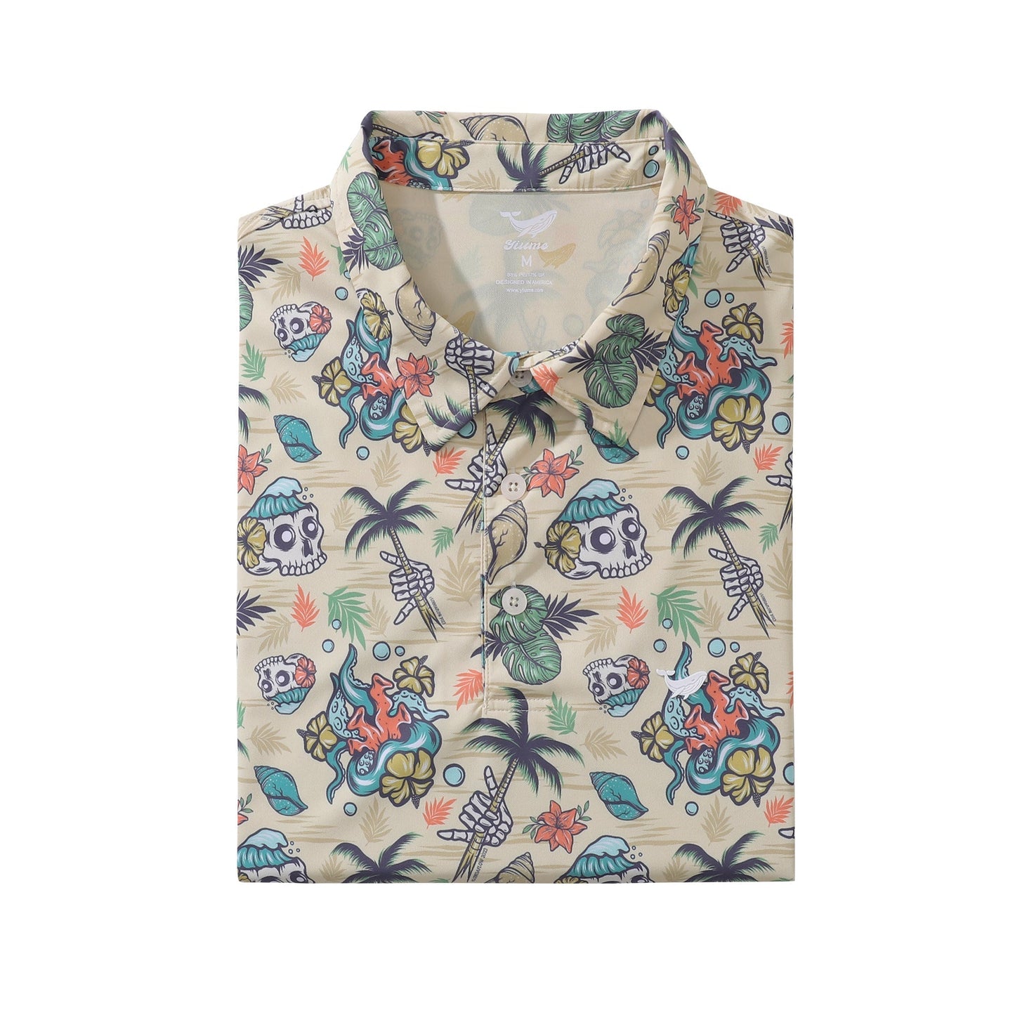Men's Hawaiian Polo Shirt Tropical Wilderness Skull 1990s Vintage Short Sleeve Polo Shirt Tropical Wilderness Skull By Loinda Flow Polo
