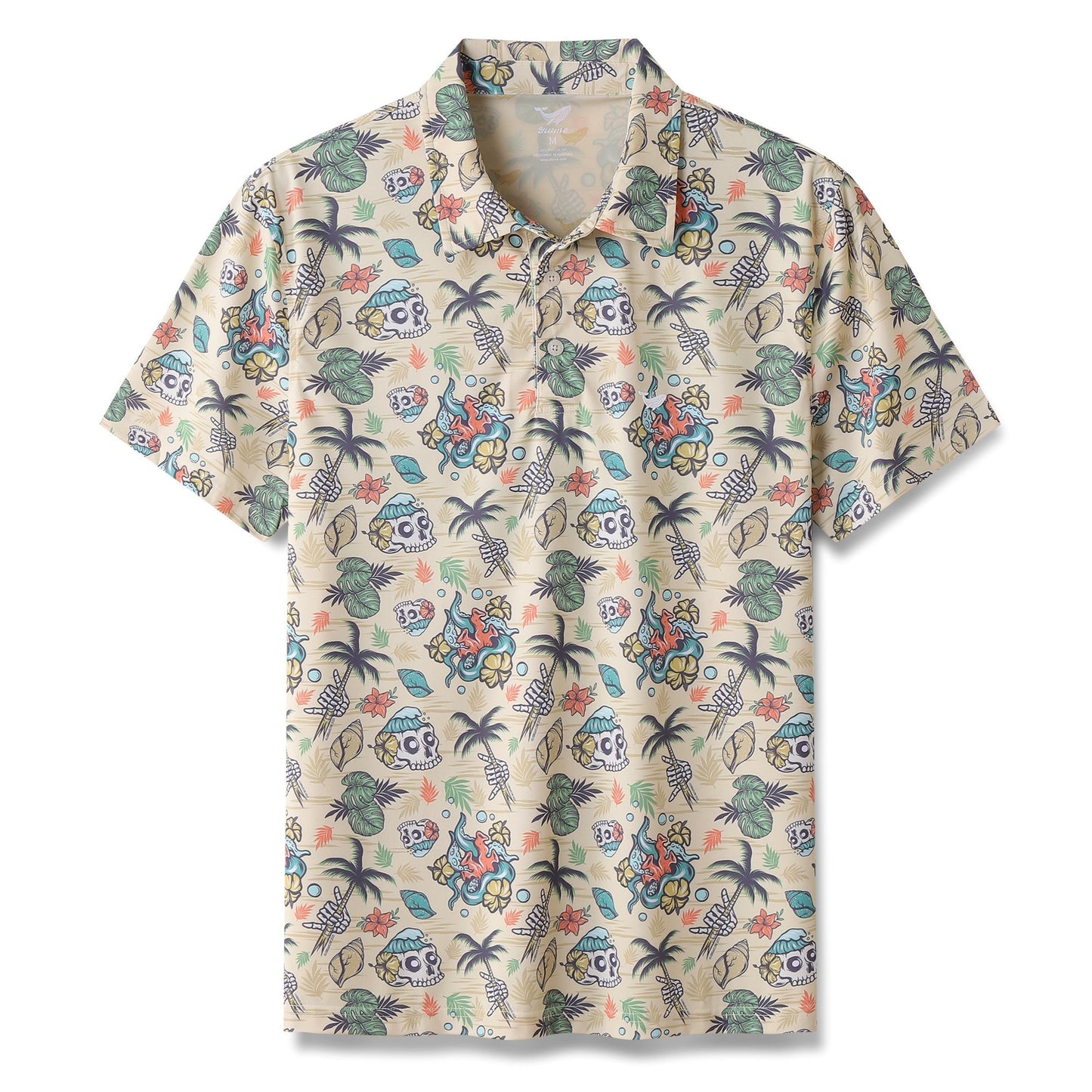 Men's Hawaiian Polo Shirt Tropical Wilderness Skull 1990s Vintage Short Sleeve Polo Shirt Tropical Wilderness Skull By Loinda Flow Polo