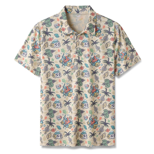 Men's Hawaiian Polo Shirt Tropical Wilderness Skull 1990s Vintage Short Sleeve Polo Shirt Tropical Wilderness Skull By Loinda Flow Polo