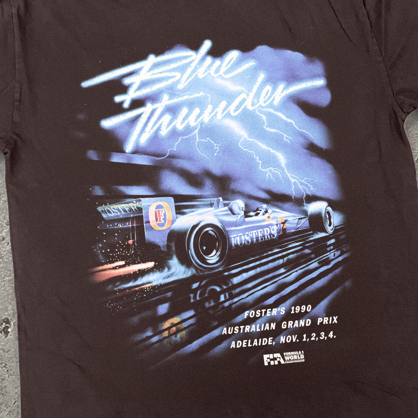 1990 AUSSIE GRAND PRIX 'BLUE LIGHTNING' FOSTERS CHOC HEAVY WEIGHT T-SHIRT
